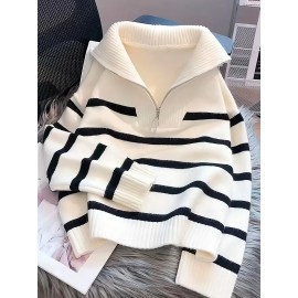 Women's Elegant White & Black Striped Winter Sweater - Thickened Long Sleeve Round Neck Zipper Collar Pullover, Soft Sweater for Fall & Winter, Casual to Formal Outfits, Machine Washable (/Beige/Gray/Black) - Versatile Layering Piece with Contrast Stripes, Medium Stretch Fabric, and Chic Zipper Detail for a Tailored Look, Cozy Sweaters for Women, Casual Long Sleeve Sweater, Womens Print Sweaters, Cardigan for Women Winter, Winter Top for Women, Sweaters for Women Office,