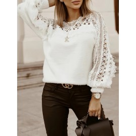 Women's Off-Shoulder Sweater with Puff Sleeves & Lace Cut-Outs - Semi-Sheer Long Sleeve Pullover for Fall Winter, Casual Chic Layering Top, Sweater, Intricate Knitwork