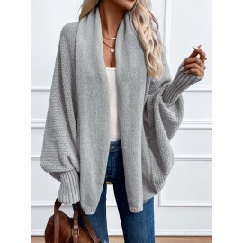 Versatile Solid Color Open Front Batwing Sleeve Cardigan for Spring & Fall, Women's Clothing