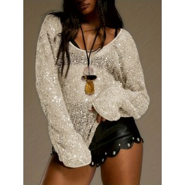 Sequined Hollow Mesh Round Neck Long Sleeve Women's Pullover, Sexy Loose Sheer Ladies Top, Versatile Nightclub Party Outfit