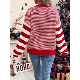 Women'S Red & White Striped Sweater - Long Sleeve Round Neck Pullover, All-Season Casual Elegant Sweater for Everyday & Formal Outfits
