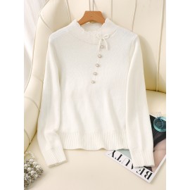 Women's Thick & Soft Sweater with Bow Buttons - Winter Warm Round Neck Long Sleeve Cozy Sweater, Beige & White Cable- Design, All-Season Casual Elegant Pullover for Fall and Winter Layering, Hand Wash or Dry Clean, Solid Color with Bow Detail, Medium Stretch, Relaxed Fit, Fleece Lining for Extra Warmth, Chic and Comfortable for Casual Attire, Cozy Sweaters For Women, Casual Long Sleeve Sweater, Oversized Knit Sweater, Colourfull Loose Sweater For Women,
