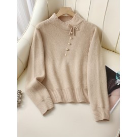 Women's Thick & Soft Sweater with Bow Buttons - Winter Warm Round Neck Long Sleeve Cozy Sweater, Beige & White Cable- Design, All-Season Casual Elegant Pullover for Fall and Winter Layering, Hand Wash or Dry Clean, Solid Color with Bow Detail, Medium Stretch, Relaxed Fit, Fleece Lining for Extra Warmth, Chic and Comfortable for Casual Attire, Cozy Sweaters For Women, Casual Long Sleeve Sweater, Oversized Knit Sweater, Colourfull Loose Sweater For Women,