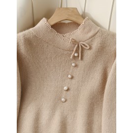 Women's Thick & Soft Sweater with Bow Buttons - Winter Warm Round Neck Long Sleeve Cozy Sweater, Beige & White Cable- Design, All-Season Casual Elegant Pullover for Fall and Winter Layering, Hand Wash or Dry Clean, Solid Color with Bow Detail, Medium Stretch, Relaxed Fit, Fleece Lining for Extra Warmth, Chic and Comfortable for Casual Attire, Cozy Sweaters For Women, Casual Long Sleeve Sweater, Oversized Knit Sweater, Colourfull Loose Sweater For Women,