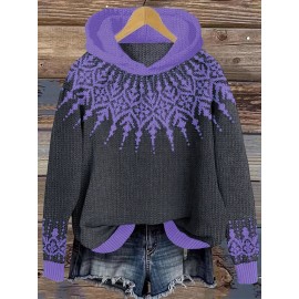 Women'S Elegant Hooded Sweatshirt - & Teal Color Block Pullover with Snowflake Pattern, Cozy Winter Sweater for Everyday & Formal Outfits