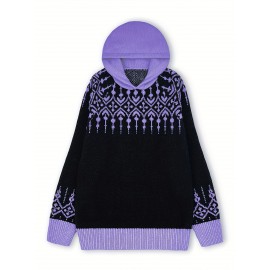 Women'S Elegant Hooded Sweatshirt - & Teal Color Block Pullover with Snowflake Pattern, Cozy Winter Sweater for Everyday & Formal Outfits