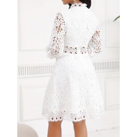 Women'S Elegant Red Lace Dress with Stand Collar & Short Sleeves - A-Line Silhouette, Zipper Back Closure, All-Season Formal & Casual Party Wedding Guest Dress