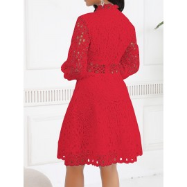 Women'S Elegant Red Lace Dress with Stand Collar & Short Sleeves - A-Line Silhouette, Zipper Back Closure, All-Season Formal & Casual Party Wedding Guest Dress