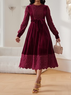 [Elegant Burgundy Dress] Elegant Burgundy Women's Dress | Long Lampshade Sleeves, Flared Hem, Belted Waist | A-Line Party, Office, Wedding Attire HRYY347