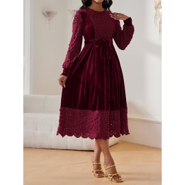 [Elegant Burgundy Dress] Elegant Burgundy Women's Dress | Long Lampshade Sleeves, Flared Hem, Belted Waist | A-Line Party, Office, Wedding Attire HRYY347
