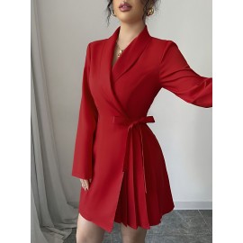 Elegant Lapel Long Sleeve Dress with Bow Tie and Pleats | Mid-Length, Solid Color, Fitted, Perfect for Spring/Fall, Commute and Party Essentials