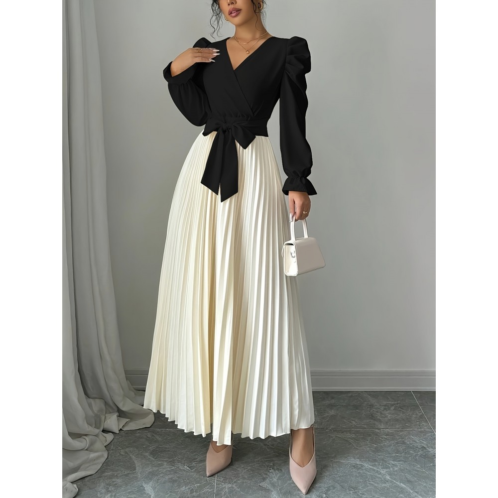 Women's Elegant V-Neck Long Sleeve A-Line Dress with Waist Tie Belt - Pleated Skirt, Machine Washable Solid Color, Spring/Summer Versatile Casual to Formal Wear, Spring Event Attire, Nontransparent Fabric, No Stretch Material