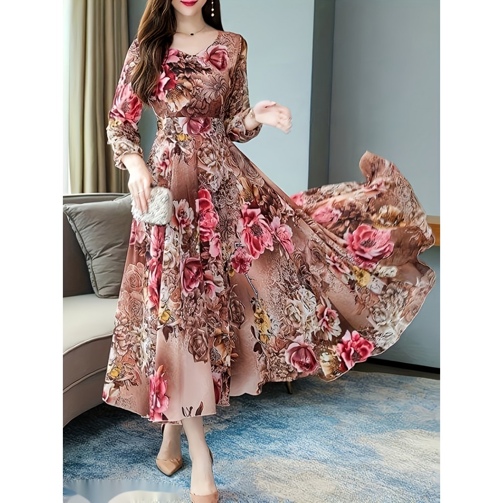 Elegant Women's V-Neck Floral Print Dress with Fitted Bodice & Flowy Skirt - Machine Washable, All-Season Versatile for Casual to Formal Occasions, No Stretch Fabric, Zipper Closure