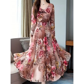 Elegant Women's V-Neck Floral Print Dress with Fitted Bodice & Flowy Skirt - Machine Washable, All-Season Versatile for Casual to Formal Occasions, No Stretch Fabric, Zipper Closure