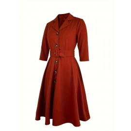 Single Breasted Three-quarter Sleeve Dress, Stylish Solid Lapel Collar Belted A-line Dress For Spring & Fall, Women's Clothing