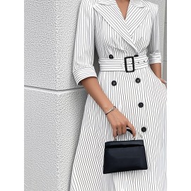 [Elegant Office to Party Dress] Women's Elegant Office to Party Dress - White & Black Vertical stripes, Structured Formal attire with Belted Waist, All-Season Professional & Evening Outfits for Women, Business Casual, Classic Collar, Polished Finish, Stylish Blouse, Working Women, Commute Attire, Work Attire, Stylish Outfit, Attire