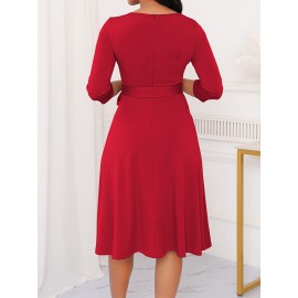 Elegant Slim Fit Solid Color Midi Dress with Waist Tie and Button Front - Chic Flared Silhouette, Long Sleeves, and Belted Waistband for a Sophisticated Look, A-Neck Style, Perfect for All Seasons, Stylish Women'S Dress, Perfect for Parties and Events