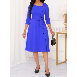 Elegant Slim Fit Solid Color Midi Dress with Waist Tie and Button Front - Chic Flared Silhouette, Long Sleeves, and Belted Waistband for a Sophisticated Look, A-Neck Style, Perfect for All Seasons, Stylish Women'S Dress, Perfect for Parties and Events