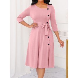 Elegant Slim Fit Solid Color Midi Dress with Waist Tie and Button Front - Chic Flared Silhouette, Long Sleeves, and Belted Waistband for a Sophisticated Look, A-Neck Style, Perfect for All Seasons, Stylish Women'S Dress, Perfect for Parties and Events