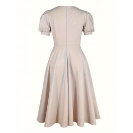 Crew Neck Big Swing With Pocket Essential Dress, Elegant Puff Sleeve Dress For Spring & Summer, Women's Clothing