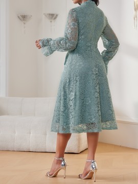 Women'S Elegant Mint Green Lace Dress with Belted Waist & Ruffled Hem - Long Sleeve A-Line Mid-Length Formal & Casual Dress for Weddings, Business