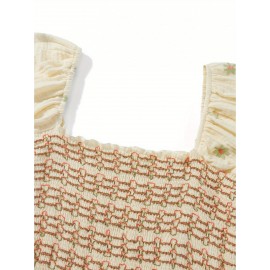 Women'S Floral Embroidered Maxi Dress with Puff Sleeves, Square Neck, Draped Tiered A-Line Skirt, 100% Polyester, Casual Summer Knit Fabric - Flowy Long Dress