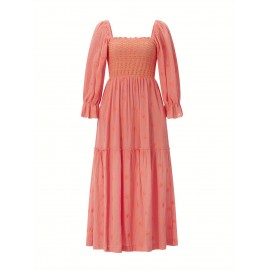 Women'S Floral Embroidered Maxi Dress with Puff Sleeves, Square Neck, Draped Tiered A-Line Skirt, 100% Polyester, Casual Summer Knit Fabric - Flowy Long Dress