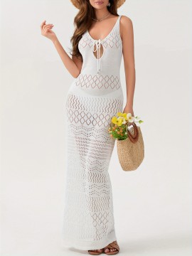Women'S Crochet Long Dress Sleeveless V Neck Hollow Out Solid Color Dress Beach Coverups
