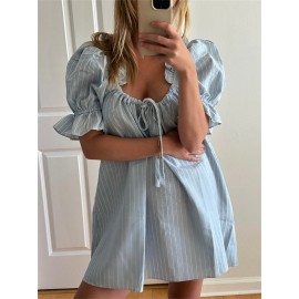 Womens Striped Babydoll Dress Loose Ruffle Trim Scoop Neck Puff Sleeve Backless Mini Dress for Daily Party Club