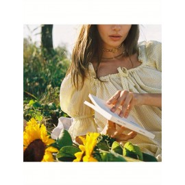 Womens Striped Babydoll Dress Loose Ruffle Trim Scoop Neck Puff Sleeve Backless Mini Dress for Daily Party Club