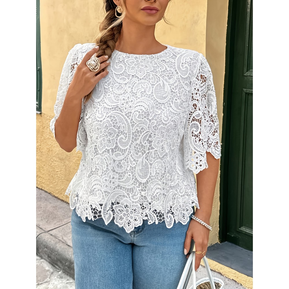 Plus Size, Women's Elegant Blouse - Non-Stretch Semi-Sheer Lace-like Top, Non-Stretchy Formal & Casual Shirt for Brunch, Office, Parties - Machine Washable Women's Clothing, Vacation Style, Feminine Design, Breathable Material, Fashion Top, Party Goers