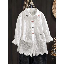 Plus Size, Women's Plus Size Elegant Blouse - Loose Fit Button-Front Placket Shirt with Red Accents, Breathable Semi-Sheer Top for Formal & Everyday Outfits - Machine Washable Non-Stretch Elegant Blouse