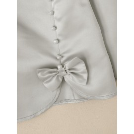 Plus Size, ZANZEA Women's Plus Size Elegant Blouse - Pink & White Puff Bow-Knot Collar, Short Jacket-like Button-Front Top, Loose Fit 3/4 Sleeve Shirt for Wedding, Office, Party, Wedding Guest (Machine Washable) - No-Stretch Round Neck