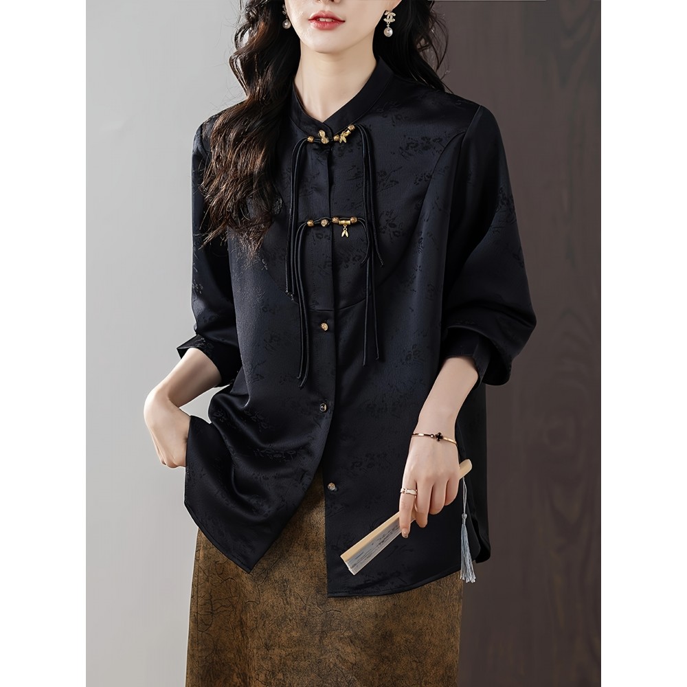[Plus Size Retro Jacquard Shirt] Autumn New Retro Jacquard Plus Size Button-Up Shirt for Women | Loose Fit Long Sleeve Blouse with Stand Collar, Solid Color Casual Chic Top for Spring & Fall, Comfortable T-Shirt, Spring Fashion, Elegant Design, Durable Fabric, Stylish
