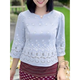 [Floral Plus Size Blouse] ZANZEA Women's Plus Size Mustard-Yellow & Green Floral Print Blouse - Lightweight 3/4 Sleeve, Collar, Short Sleeve-like Fit (No Bulk), Machine Washable - Elegant Casual & Professional Tops for Vacation, Office, Wedding