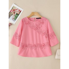 Plus Size, ZANZEA Women's Plus Size Elegant Blouse - 3/4 Sleeve Crew Neck Baggy Shirt, Lightweight All-Season Wedding Guest Dress-like Top, Machine Washable White Collar Blouse for Office, Party & Casual Attire (Plus Size Friendly)