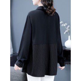 Plus Size, Women's Plus Size Long Sleeve Blouse - Black with Vertical line pattern, Elegant Office & Casual Shirt, Non-See-Through Formal Tops for Women (Machine Washable)