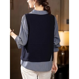 Plus Size, Women's Blouse - Non-Stretch Button-Front Shirt with Stand-Up Collar, Navy Blue Office to Casual Chic Tops for Everyday & Formal Events, Versatile Top, Layered Look, Structured Fabric, Stylish Top, Working Professionals