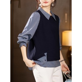 Plus Size, Women's Blouse - Non-Stretch Button-Front Shirt with Stand-Up Collar, Navy Blue Office to Casual Chic Tops for Everyday & Formal Events, Versatile Top, Layered Look, Structured Fabric, Stylish Top, Working Professionals