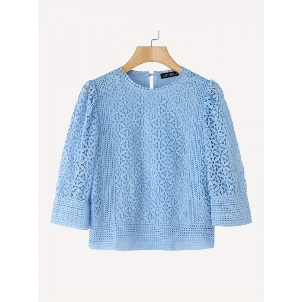 Plus Size, ZANZEA Women's Lace Patchwork Blouse - Semi-Sheer Short Sleeve Top with Round Neck, Soft Pastel Blue Summer Shirt, Machine Washable Elegant Casual & Formal Wear (Lightweight Layered Outfit Essential)