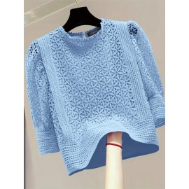 Plus Size, ZANZEA Women's Lace Patchwork Blouse - Semi-Sheer Short Sleeve Top with Round Neck, Soft Pastel Blue Summer Shirt, Machine Washable Elegant Casual & Formal Wear (Lightweight Layered Outfit Essential)