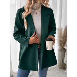 Plus Size, Women's Elegant Beige Coat - Long Sleeve Double Button Blazer, Structured Non-Stretch Jacket for Office, Formal Events & Everyday - Machine Washable Women's Outerwear, Casual Chic Apparel, Turndown Collar, Classic Tailoring