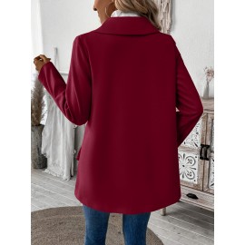 Plus Size, Women's Elegant Beige Coat - Long Sleeve Double Button Blazer, Structured Non-Stretch Jacket for Office, Formal Events & Everyday - Machine Washable Women's Outerwear, Casual Chic Apparel, Turndown Collar, Classic Tailoring