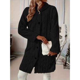 Plus Size - Elegant Plus Size Faux Fur Coat for Women - Long Sleeve, Button-Up, Hooded, Solid Black, Medium Stretch, Spring/Fall Outerwear, Stylish Layering Piece, Spring Outerwear | Buttonup Coat | Medium Stretch Fabric