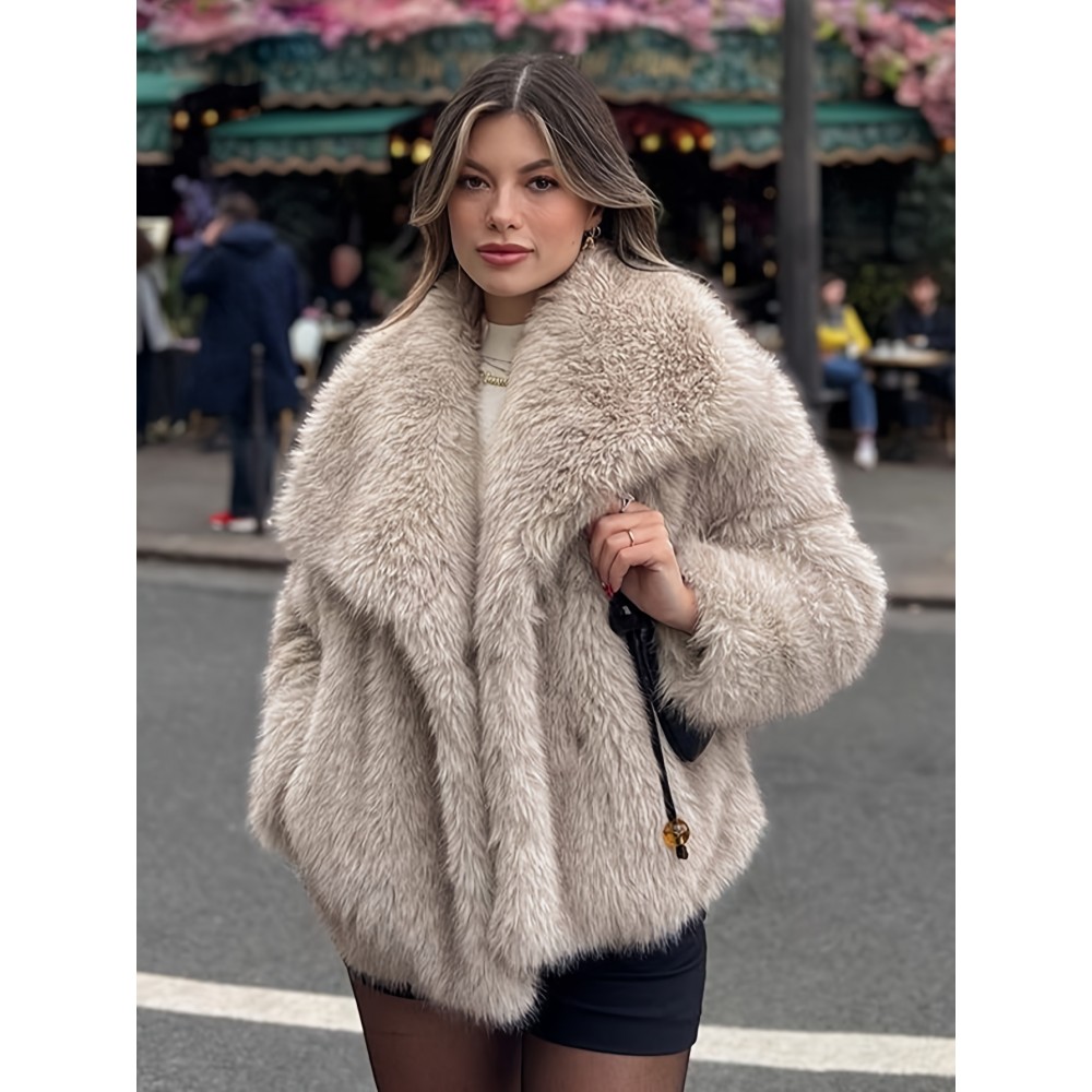 Women's Plus Size Elegant Faux Fur Coat - Plush Winter Jacket with Oversized Lapel Collar, Hand Washable Solid Color Outerwear for Fall & Winter, Ladies Winter Coats, Cold Weather Wear, Sophisticated Style, Soft Texture, Fashion Lovers, Seasonal Fashion, Cozy Texture, Fashionconscious Women