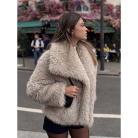 Women's Plus Size Elegant Faux Fur Coat - Plush Winter Jacket with Oversized Lapel Collar, Hand Washable Solid Color Outerwear for Fall & Winter, Ladies Winter Coats, Cold Weather Wear, Sophisticated Style, Soft Texture, Fashion Lovers, Seasonal Fashion, Cozy Texture, Fashionconscious Women