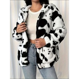 Plus-Size Women's Clothing | Cow Print Hooded Jacket | Black and White Printed Faux  Jacket with Pockets | Warm Autumn and Winter Jacket | Machine Washable | Elegant and Stylish Cow Print Jacket | Ideal for Casual Casual Attire