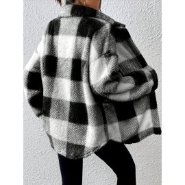 Plus Size, Women's Plus Size Elegant Plaid Jacket with Teddy Bear Collar & - Cozy Winter Coat, Black & White Check Pattern, Button Front Closure, Machine Washable Long Sleeve Outerwear for Fall/Winter (Casual to Formal) - Warm