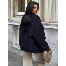 Plus Size, Women's Oversized Brown Jacket - Plus Size Casual Collar Coat with White Button Closure, Dropped Shoulder H-Line Silhouette & Chest Pocket - All-Season Outerwear for, Date, Everyday (Machine Washable) - Elegant Brown Blazer