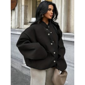 Plus Size, Women's Oversized Brown Jacket - Plus Size Casual Collar Coat with White Button Closure, Dropped Shoulder H-Line Silhouette & Chest Pocket - All-Season Outerwear for, Date, Everyday (Machine Washable) - Elegant Brown Blazer